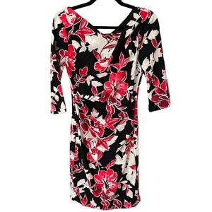 White House Black Market Black & Red Draped Neck Floral Sheath Dress Size 2